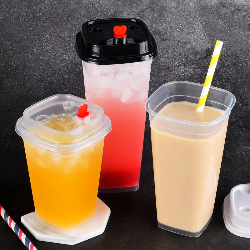 25pcs Square milk tea cup fruit juice drink plastic cups 400ML transparent thick packaging yogurt pudding jelly cup with lid