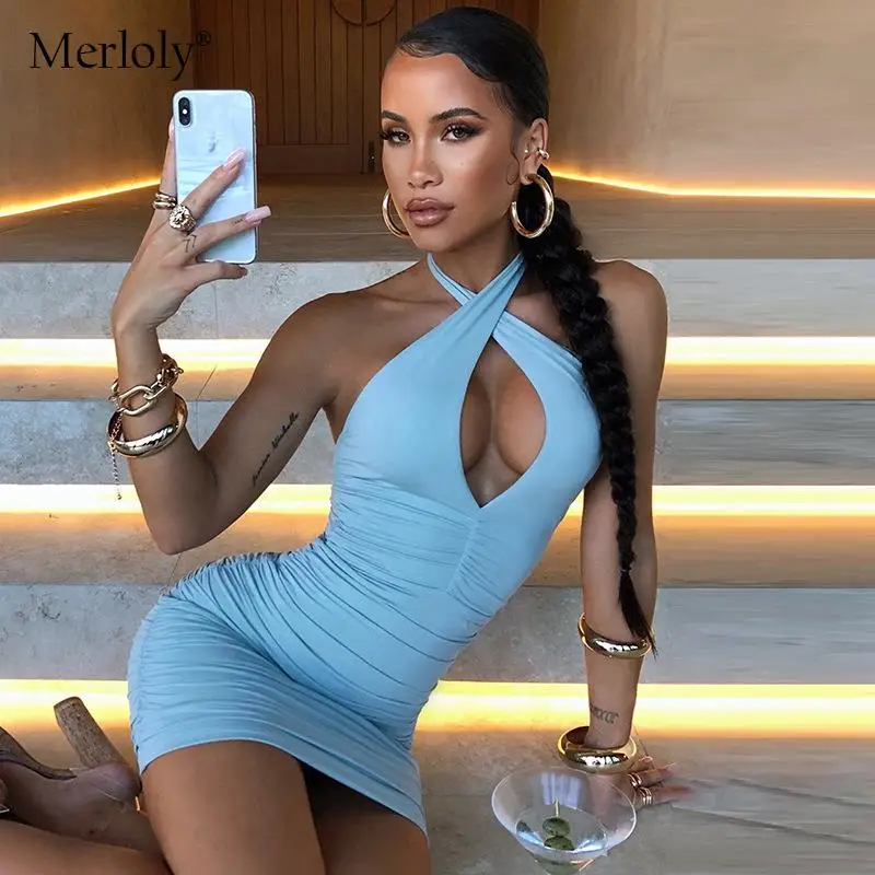 

Solid Bodycon Mini Dress for Women Summer 2022 Sexy Halter Backless Hollow Out Ruched Short Dresses Elegant Night Party Clubwear