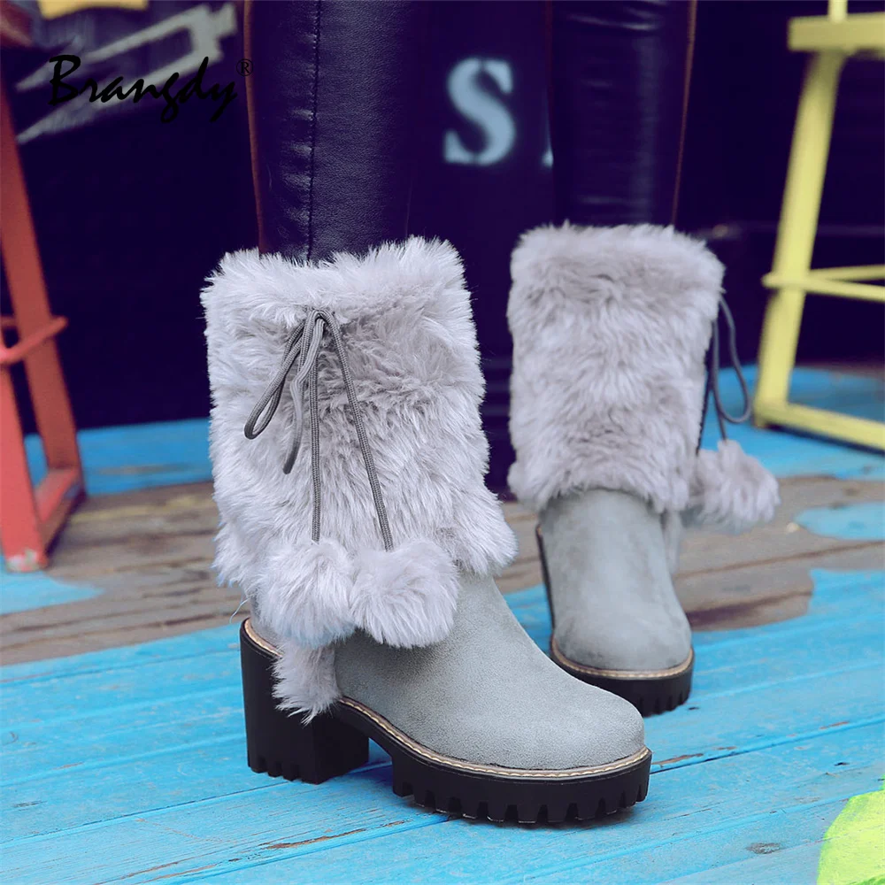 Brangdy Winter Women Shoes Женские сапо PU Non-Slip Square Heels Women Round Toe Fur Ball Womens Winter Mid Calf Boots Keep Warm