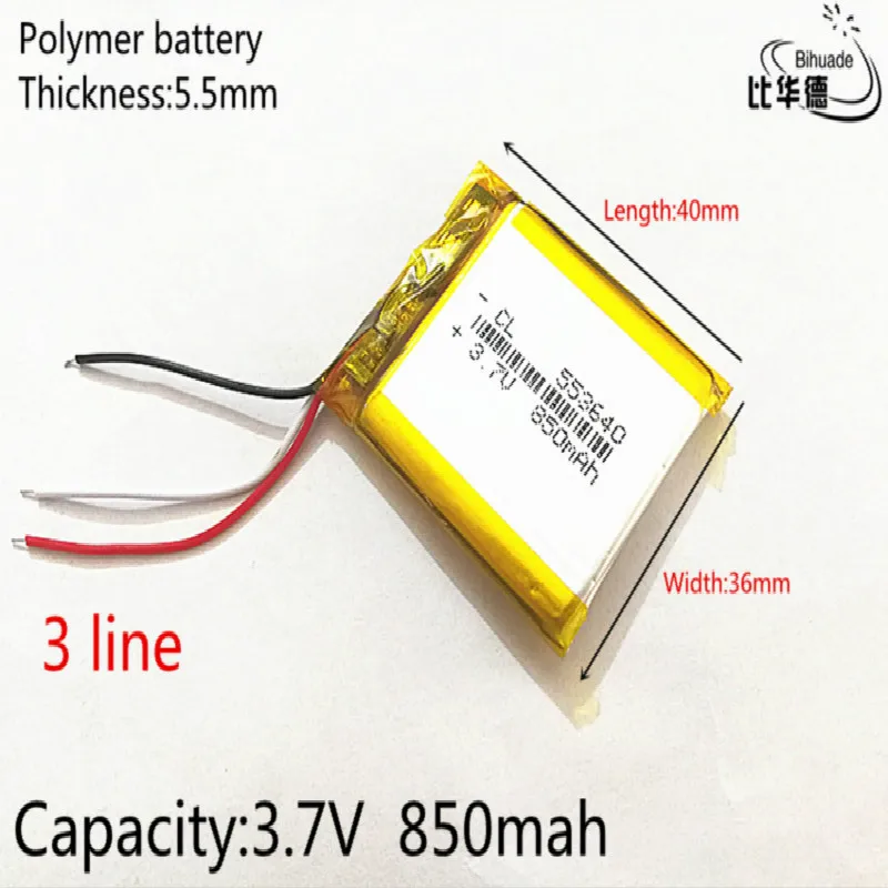 3 line 3.7V 850mAh 553640 Lithium Polymer Li-Po li ion Rechargeable Battery cells For Mp3 MP4 MP5 GPS  mobile bluetooth