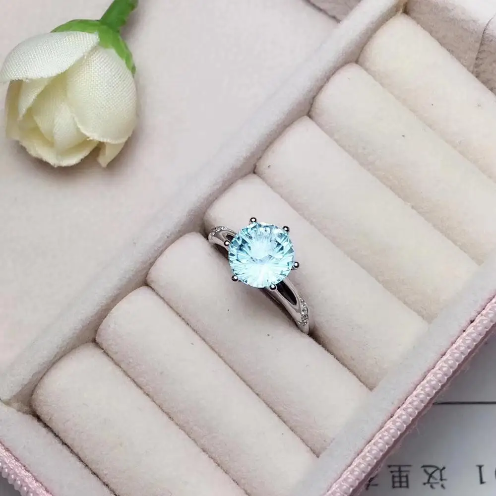 natural Topaz Gemstone Ring  Fasion Blue color round natural gem certified  fireworks real 925 silver girl birthday gift