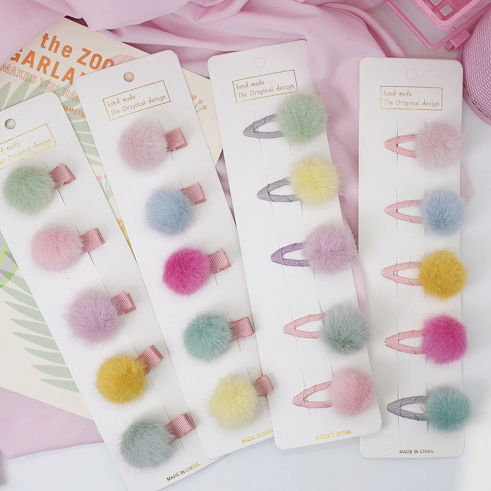 5PCS Lovely Girls Pompom Hairpins with Small Soft Fur Mini Ball Gripper Hairball Pom Hairclips Children Hair Accessories