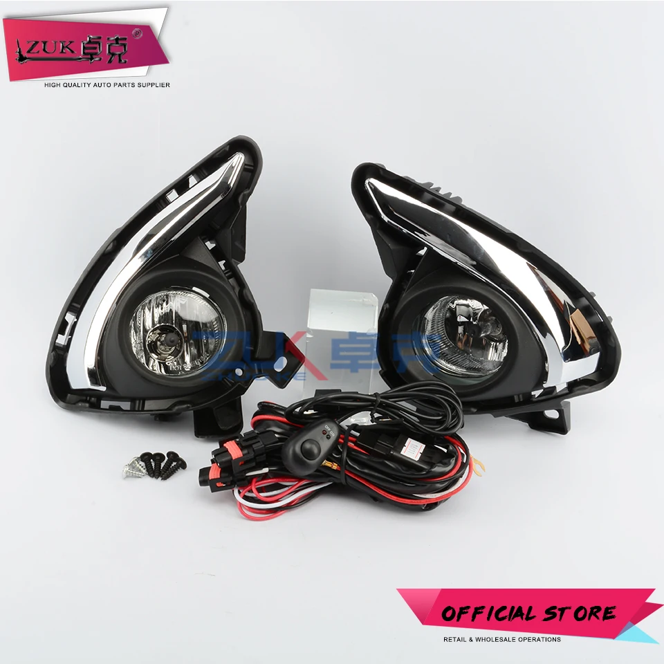ZUK For Mazda 2 Demio 2015 2016 2017 Chroming Car Additional Front Bumper Fog Lamp Set Foglight Kit With Wire Switch Relay Cable