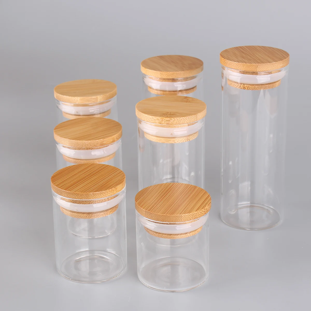 6pcs/lot 50ml 60ml 80ml 90ml 100ml 120ml 150ml Glass Candy Bottles With Bamboo Caps Pill Container Empty Bottles For Art Crafts