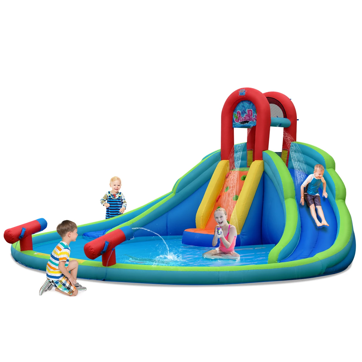 Aufblasbare Bounce Haus Kinder Wasser Splash Pool Dual Rutschen Klettern Wand Park