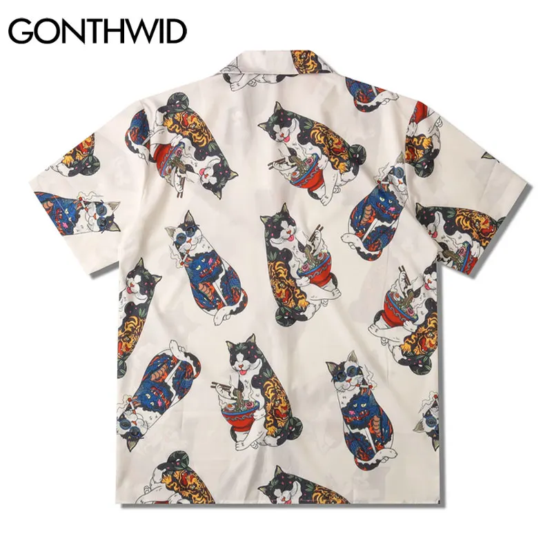 GONTHWID Hawaiian Beach Shirts Harajuku Japanese Tattoo Cat Print Shirt Streetwear Fashion Hip Hop Tropical Short Sleeve Tops