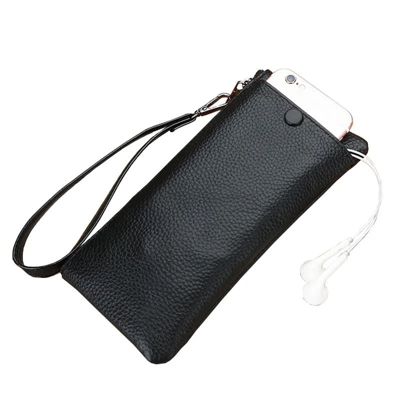 Portefeuille Long et mince en cuir véritable pour femmes, porte-monnaie à fermeture éclair, pochette de poignet de grande capacité, porte-monnaie pour téléphone