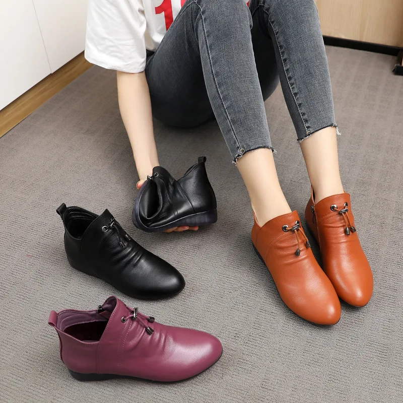 WOIZGIC Women Female Mother Ankle Genuine Leather Boots Shoes Plush Fur Warm Autumn Pointed Toe Plus Size 42 43