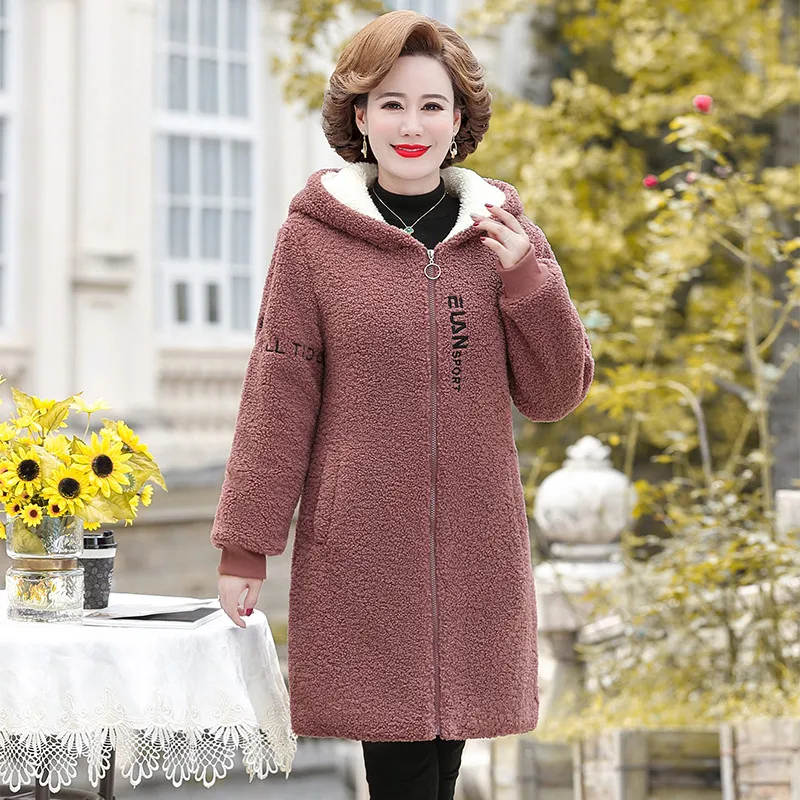 Winter Women Jacket long Lambswool Plus Velvet Cotton Coat Female Overcoat Hooded Warm Lady Outerwear Mother Clothes 5XL