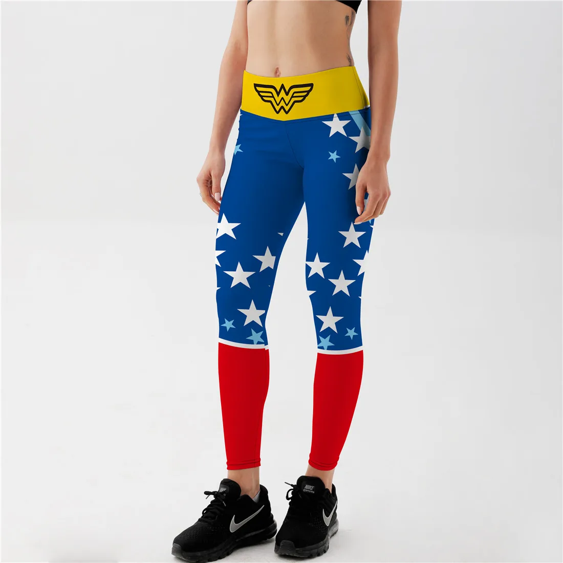 Leggings Qickitout donna cinque stelle rosso giallo blu cielo aquila vita alta stampa digitale Leggings pantaloni Fitness all\'ingrosso