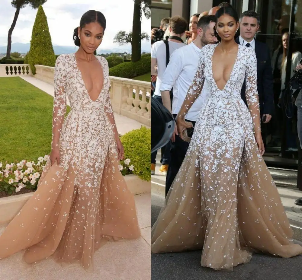 2020 Zuhair Murad Вечерние платья с длинным рукавом цвета шампанского официальное строгое платье для конкурса с глубоким V-образным вырезом Аппликация вечернее платье для выпускного вечера