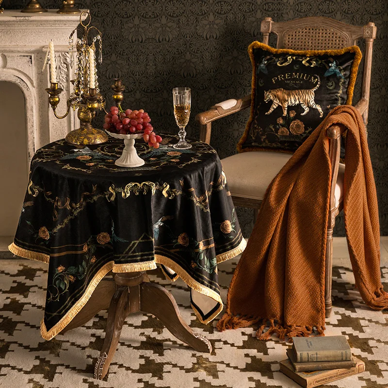 

Orange Rose European Tablecloth High-end Luxury Round Tablecloth Coffee Table Mysterious Black Gold Dutch Velvet Dustproof Cloth