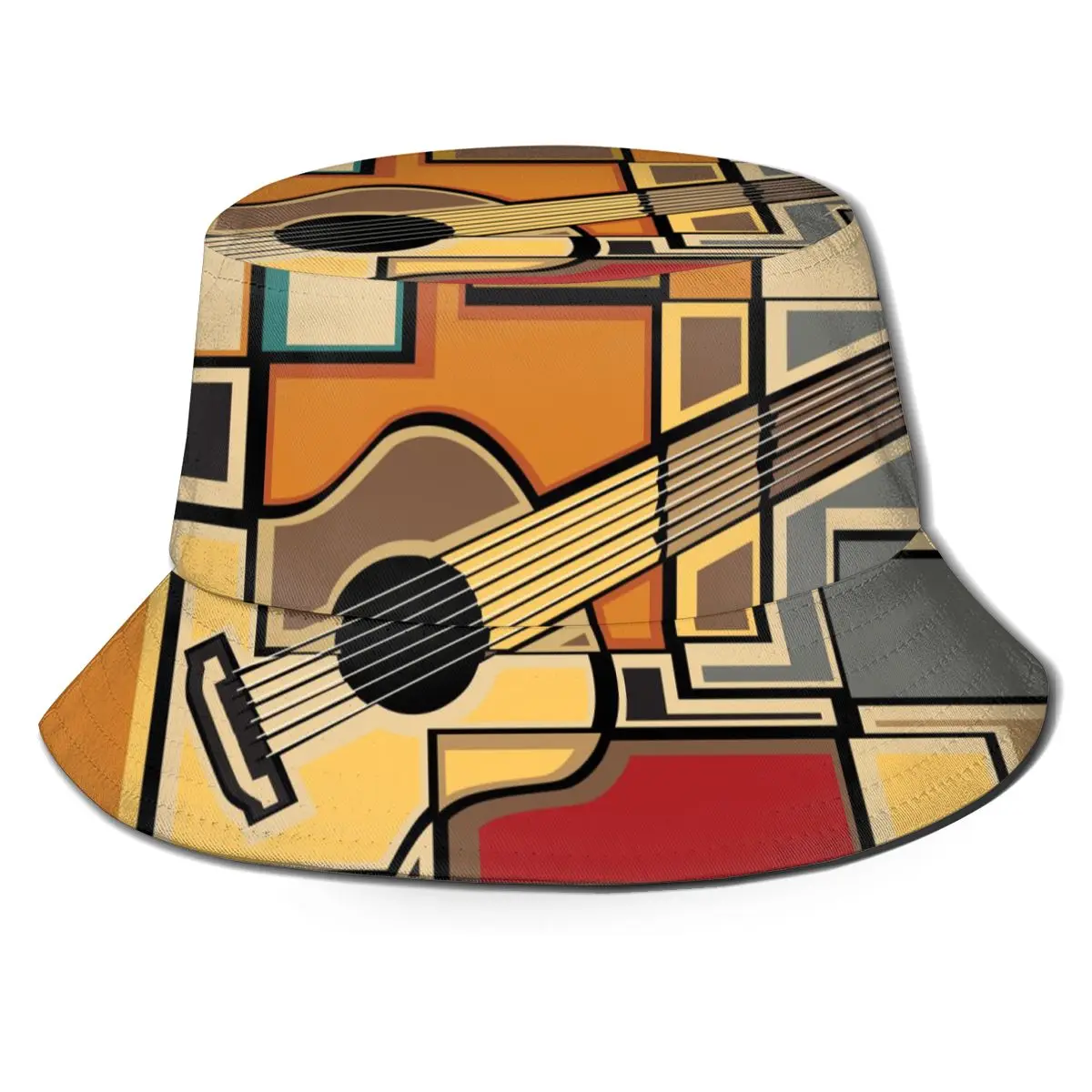 

Bucket Hats Fisherman Caps For Women Men Gorras Summer Funky Fractal Geometric Square Shaped With Acoustic Guitar Art