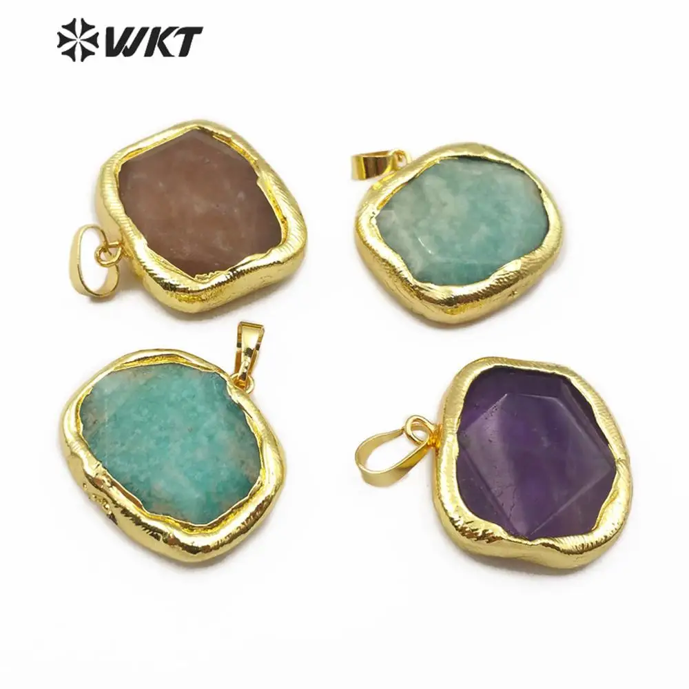 

WT-P1468 Natural Stone Pendant Strawberry Stone Amazonite A methyst Stone With Gold Electroplated Pendant Fashion Jewelry