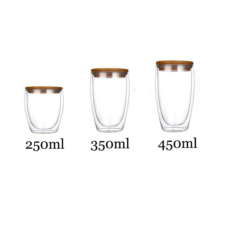 Transparent Double Wall Glass Mug With Bamboo Lid  Resistant Tea Beer Mug Milk Lemon Juice Cup Drinkware Lover Coffee Cups Mug