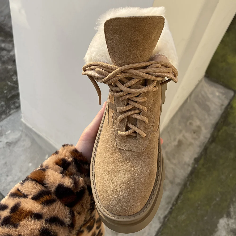 Thick Wool Snow Boots 2022 Winter Flat Platform Chunky Heel Warm Fur Ankle Boots Shoes Woman Lace up Fashion Booties Cow Suede