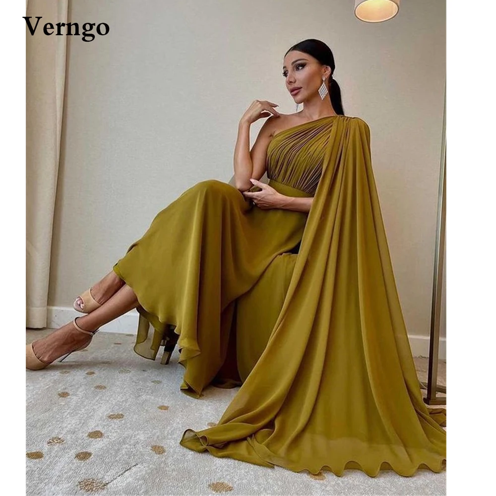 Verngo Olive Green Draped A Line Evening Dresses With Cape One Shoulder Silk Chiffon Dubai Women Formal Party Gowns Plus Size