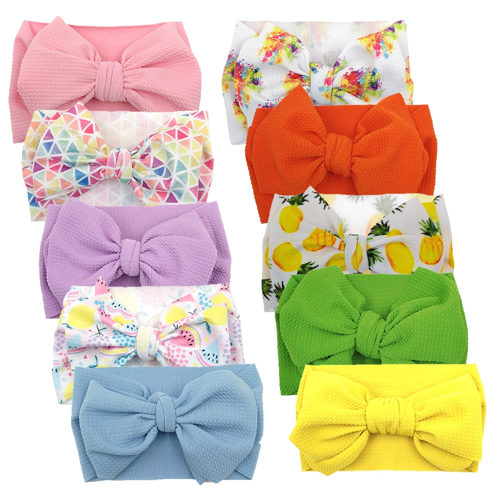 10Pcs/Lot Solid Bullet Baby Headbands Hair Bow Knot Hairbands Princess Girls Flower Print DIY Headwraps Kids Photography Props