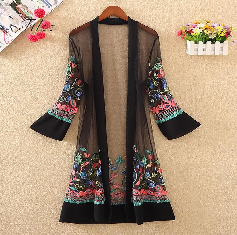 

Women Floral Embroidered Long Jacket Summer Net Cardigan Casual Long Sleeved Thin Coats Ladies Vintage Beach White Outerwear