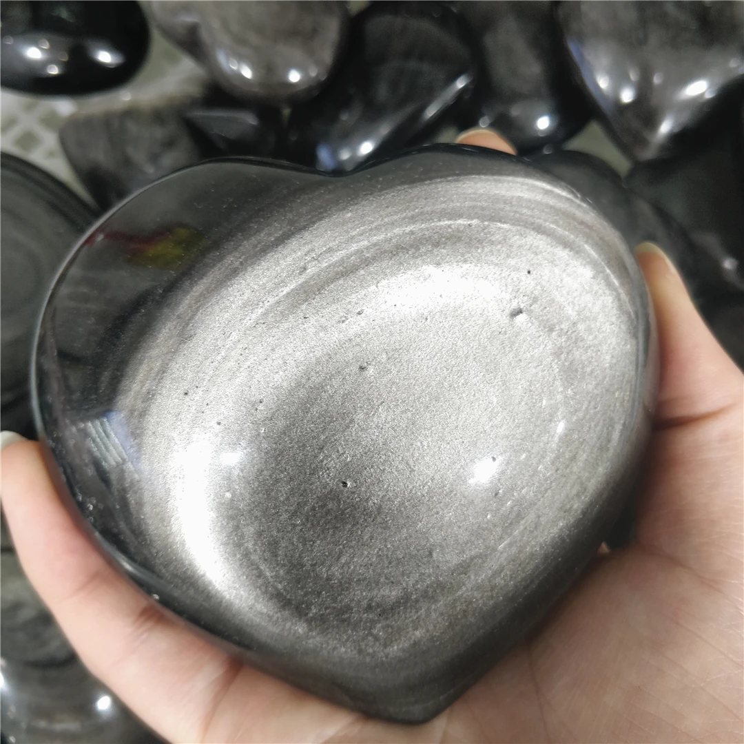 Natural Silver Obsidian Gorgeous Love Heart Flashing Stone Ornament Cabochons Crystals For Protection Energy Room Design Decor