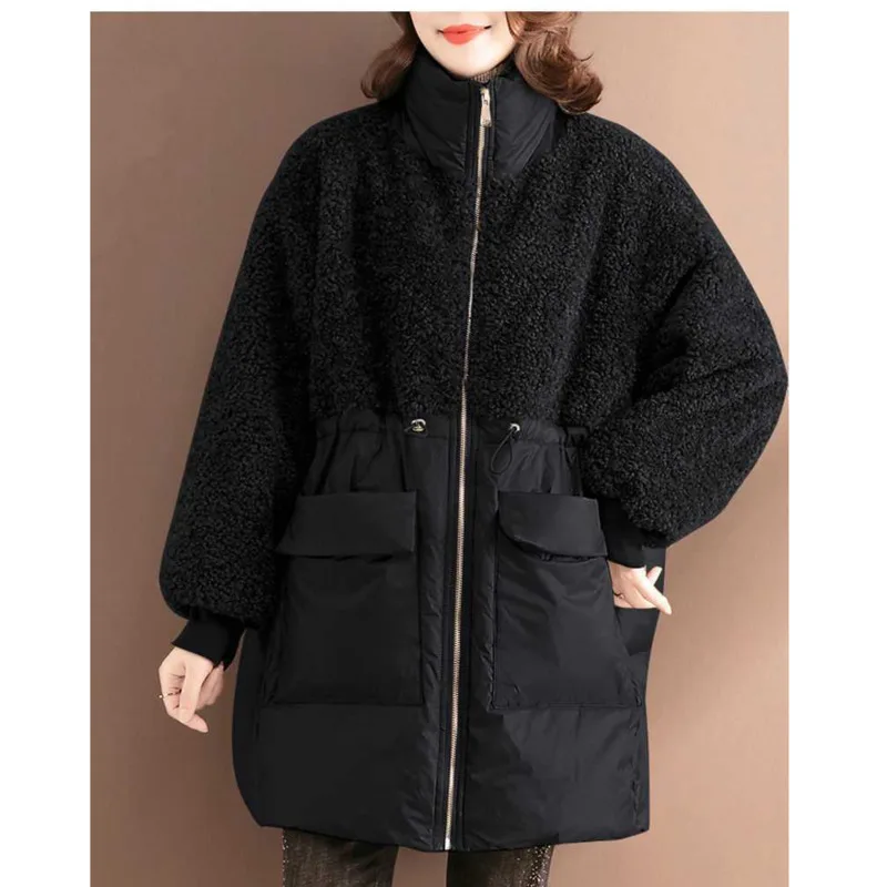 

Ladies Quilted Lambswool Cotton Jacket Women Wool Stitching Loose Warm Quilted Fashion Loose Winter Lace Zipper Casual Pocket