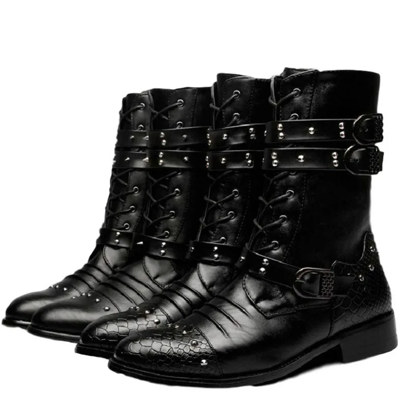 Idopy New Autumn Gothic Men Pointed Toe Stage Performance Faux Leather Boots Male Punk Studs High Heels Shoes Rivet Booties