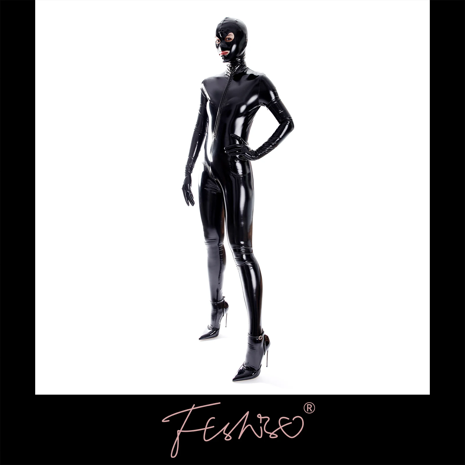 Ftshist Sexy Patent Leder Catsuits Öffnen Gabelung Shiny Fullbody Zentai Zipper Einteiliges Langarm Jumpuits Fetisch Haut Strumpfhosen