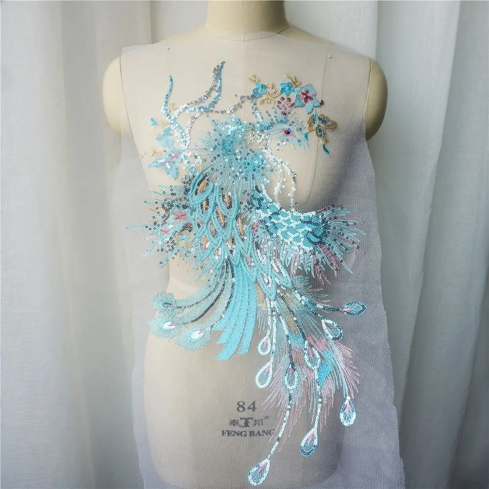 

Lake Blue Sequin Phoenix Peacock Appliques Dreamy Embroidered Lace Fabric Trims Collar Mesh Sew Patch For Wedding Decoration DIY