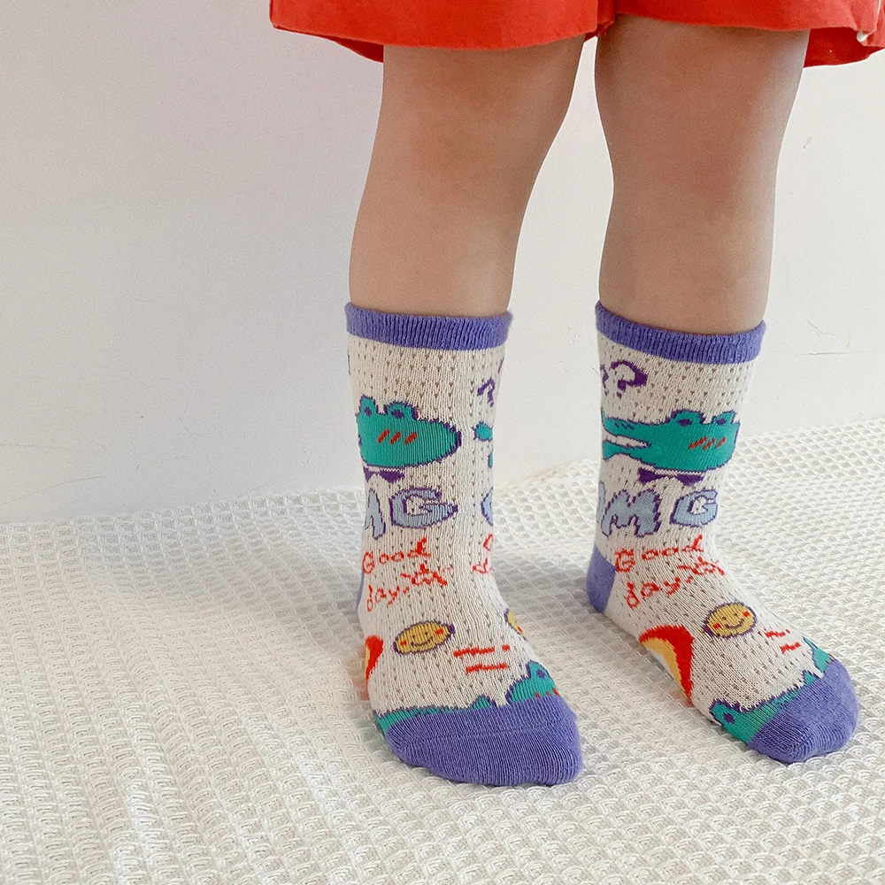 

4 Pairs Lot Kids Summer Cotton Mesh Long Socks With Print Child Toddler Baby Girls Boy Cute Funny Kawaii Knee High Sock Drawings