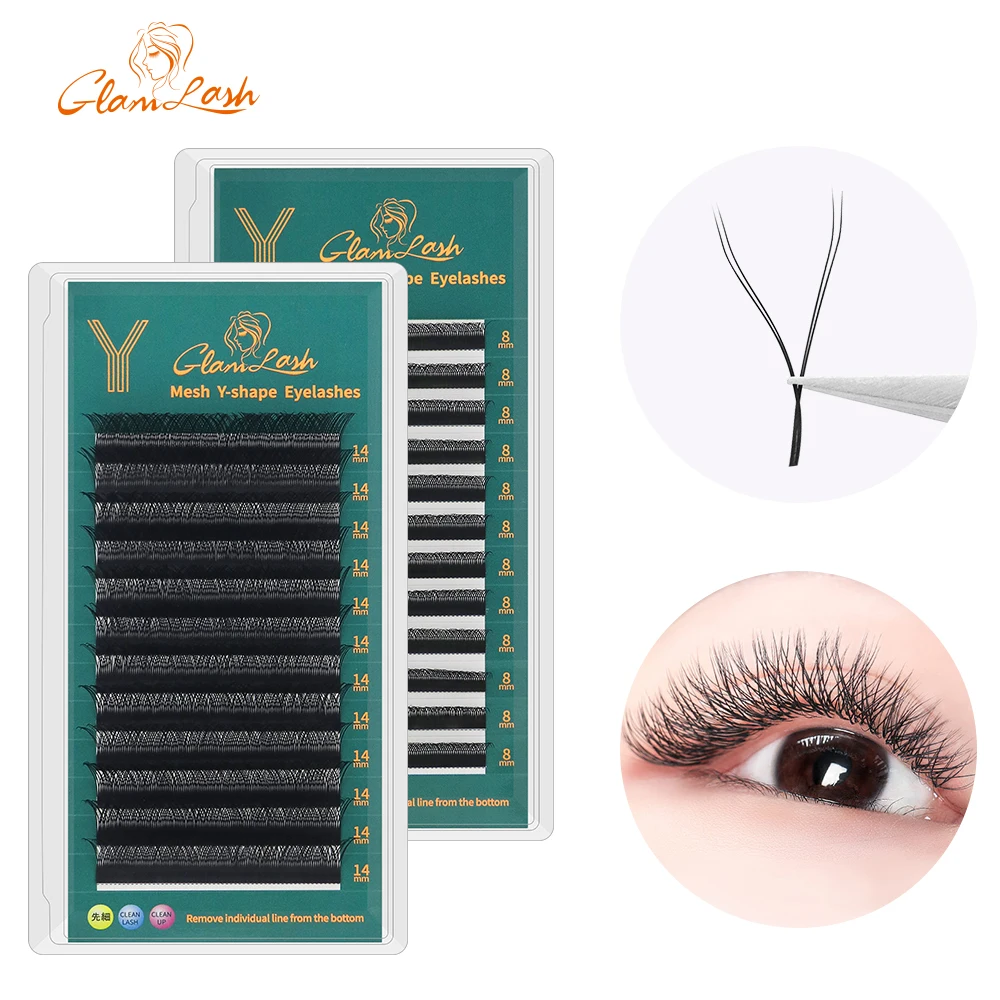 Extensão de cílios glamlash yy, cílios em formato de y com 0.07 ° de volume, fácil finalização, 12 linhas de maquiagem para cílios postiços