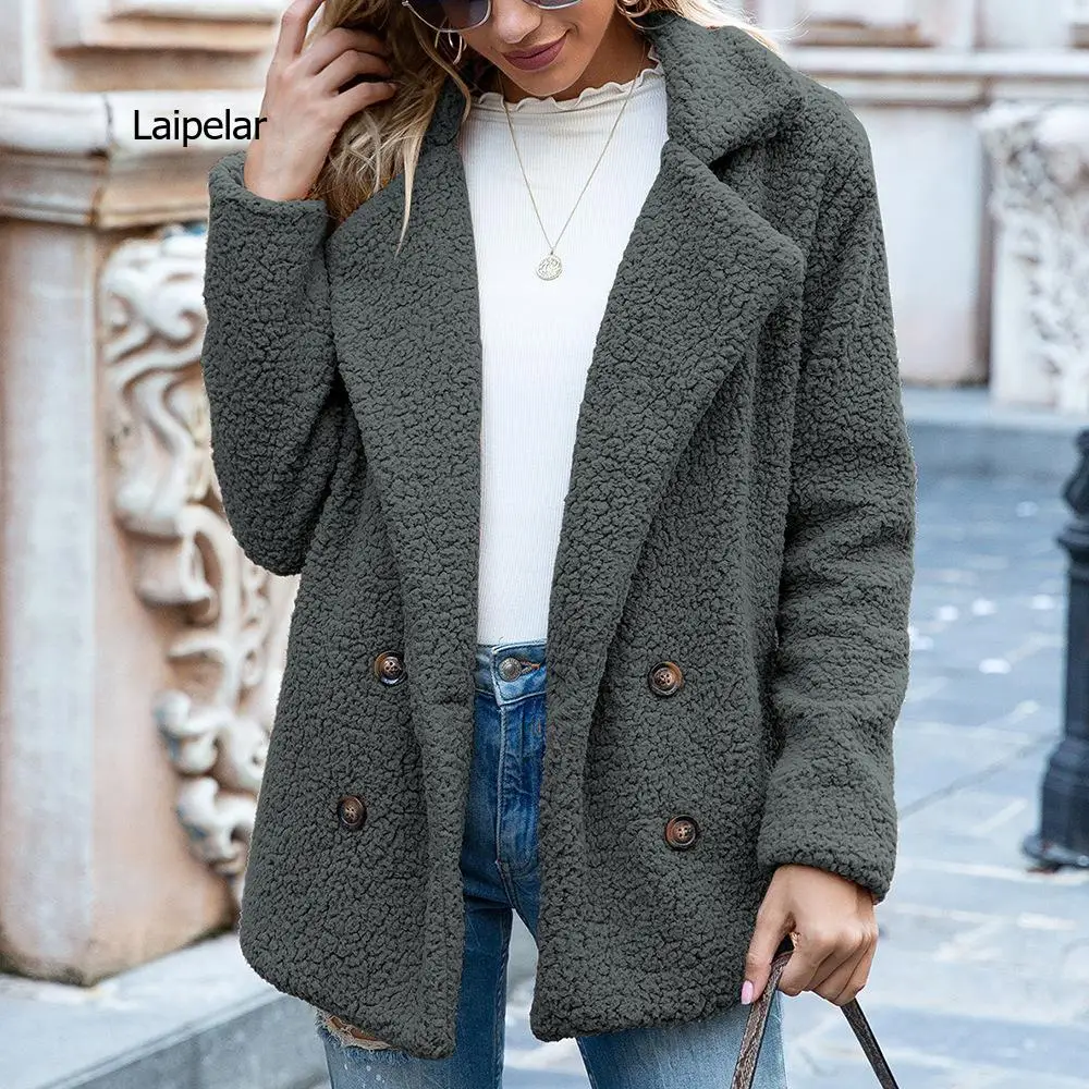 Effen Kleur Vrouwen Winter Lente Losse Warme Jas Hoge Kwaliteit Teddy Fleece Knop Jas Vrouwelijke Casual Veste Femme