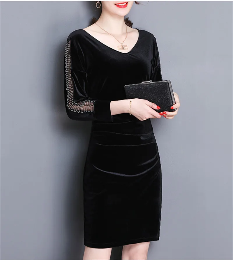 Velvet Women Female Bodycon V-Neck 2020 Vintage Velour Dresses Black Evening Party Dress Vestidos Plus Size WXF640