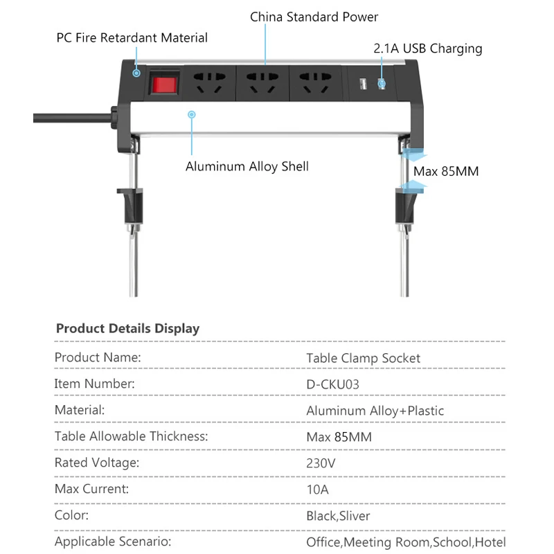 Aluminum Alloy Table Clamp Metal Socket Office Desktop Countertop Meeting Room Outlet Standard Power Socket With 2 Usb Port