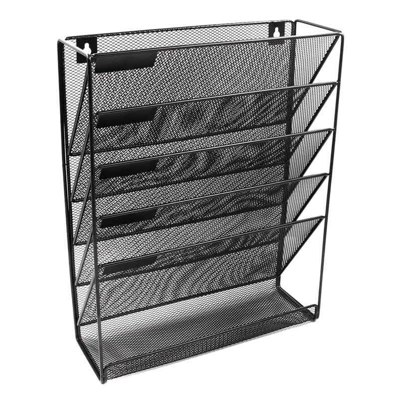 Metal Mesh Wall-Mounted Magazine File Rack Office Desk 5 Layer Interval Archive File Magazine Magazine Notebook Storage Black