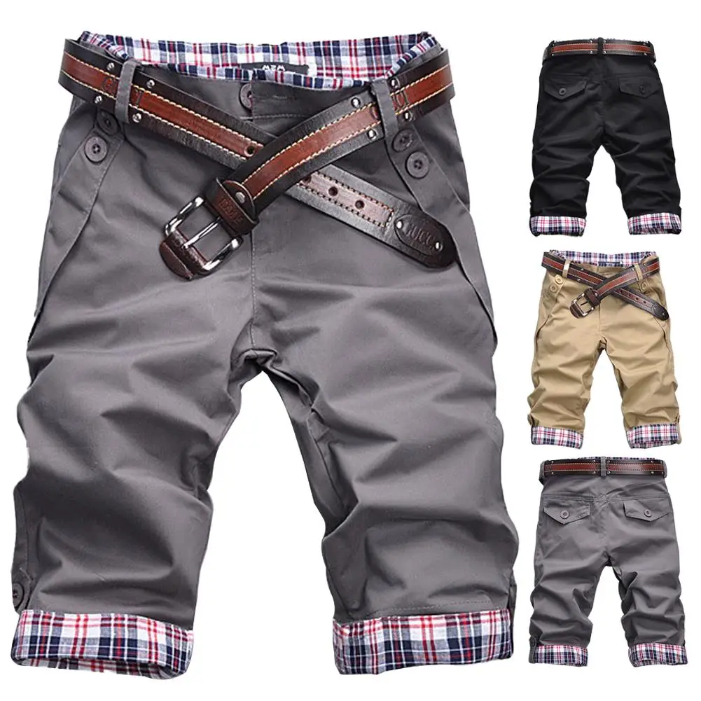 Plus Size Men Casual Shorts Pants Summer Plaid Patchwork Pockets Buttons Fifth Pants Loose Beach Shorts