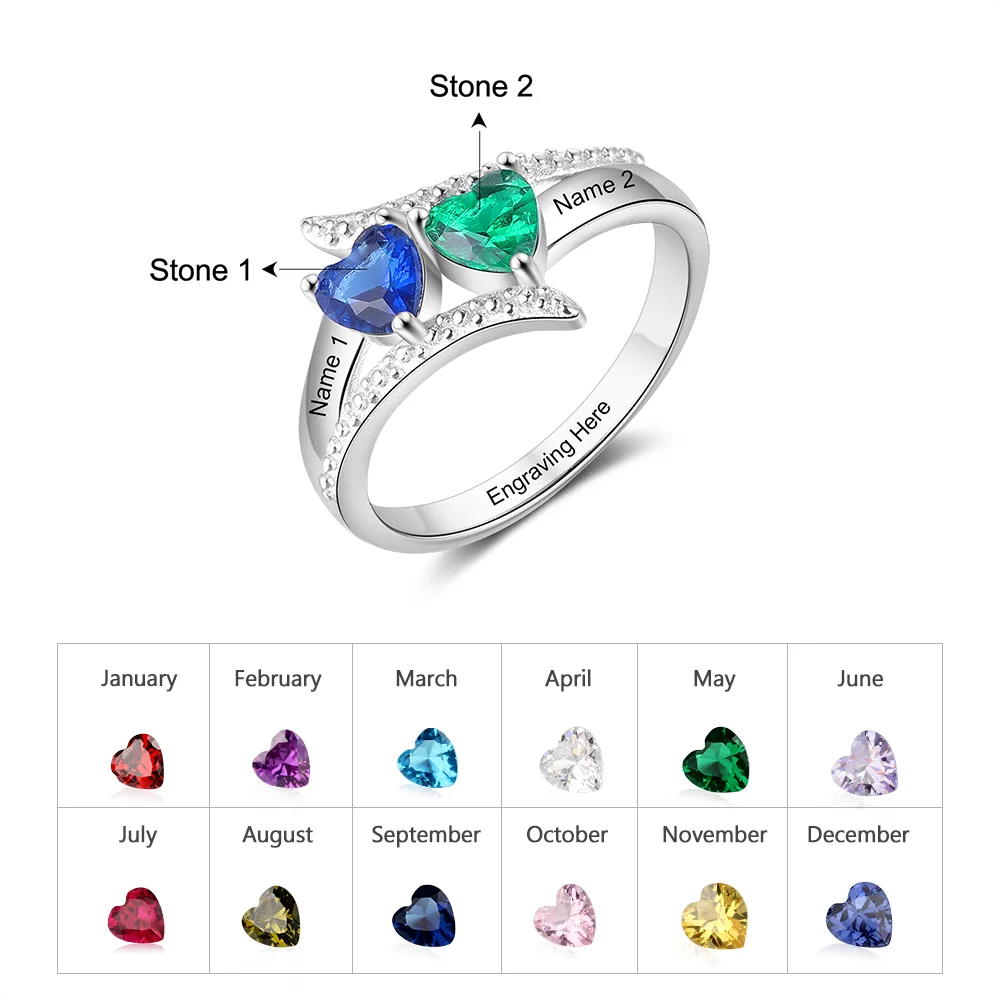 JewelOra – bague personnalisée avec gravure de nom, avec cœur, pierre de naissance, couleur argent, mariage, fiançailles, mère, cadeau pour femmes