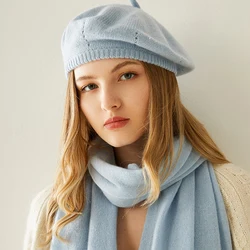 Women's Soft Pure Pashmina Goat Cashmere Knitted Headgears Fashion Hats in 5 Colors for Autumn Winter New Ladies Style