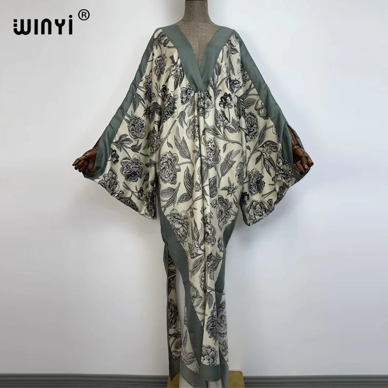 WINYI 2021 Retro Floral Printed Party Long Dress Women Elegant Sexy Deep V Neck long Sleeve Dress Ladies Fashion Beach Dresses