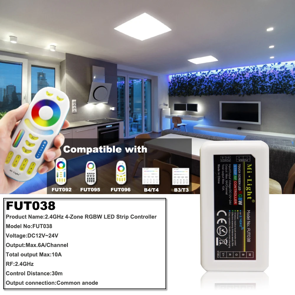 Dimmer FUT038 di zona LED senza fili a distanza 2.4G RF del regolatore di Milight Miboxer per il DC12V-24V della striscia di RGBW Led