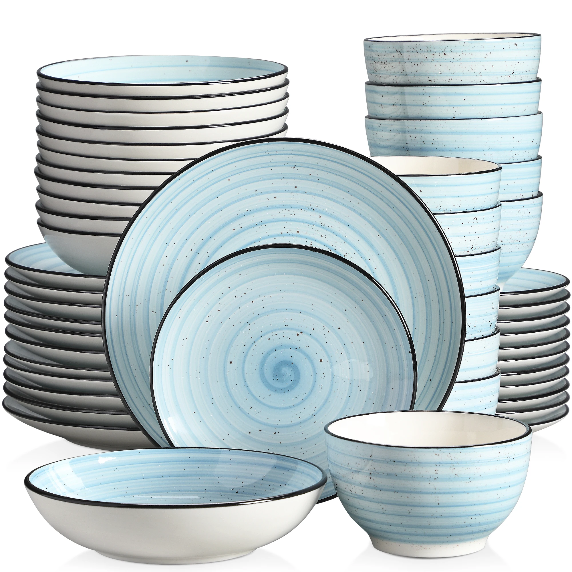 VANCASSO BONBON Blue 24/48-Piece Handpainted Spirals  Stoneware Dinner Combi-Set with Bowl,Dessert Plate,Soup Plate,Dinner Plate