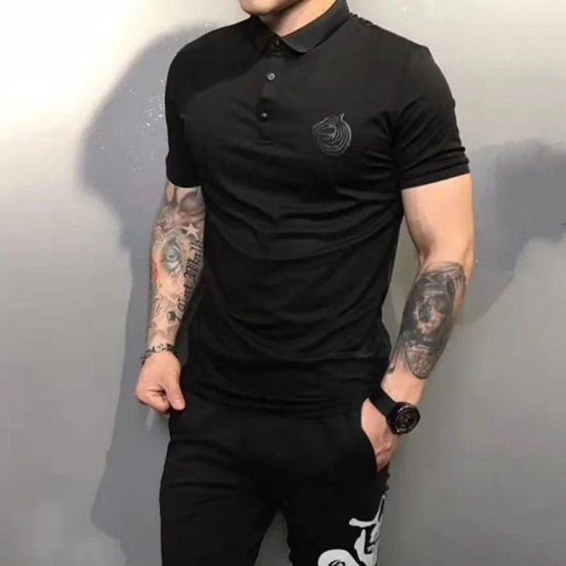 Mens Summer Short Sleeve T-shirt Slim Fit Fashion Horse Printed Sequined Tees Tops Lapel Collar Casual Male Pullover T-shirts