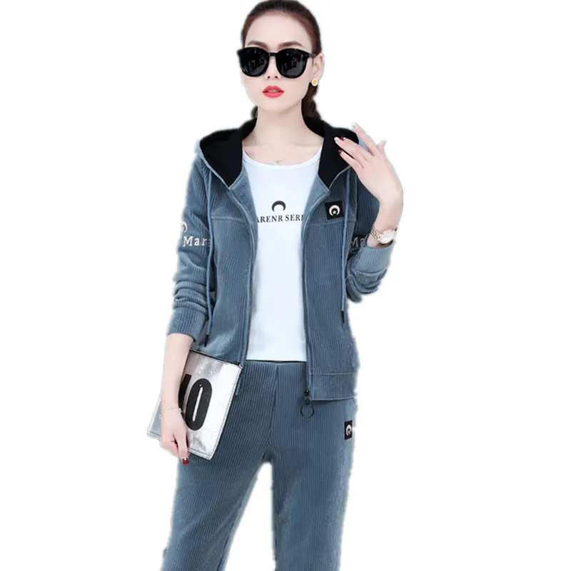 

Top women clothing Lady clothes set Tracksuit Korean style Leisure sports suit Corduroy Hooded 2 piece set Tops + trousers 1611