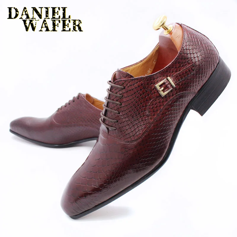 Modische Herren-Lederschuhe mit Schlangenhaut-Aufdruck, klassische Schnürung, Oxford, formell in Wein, Blau, Kaffee, Schwarz – spitze Zehenpartie – Detail 30
