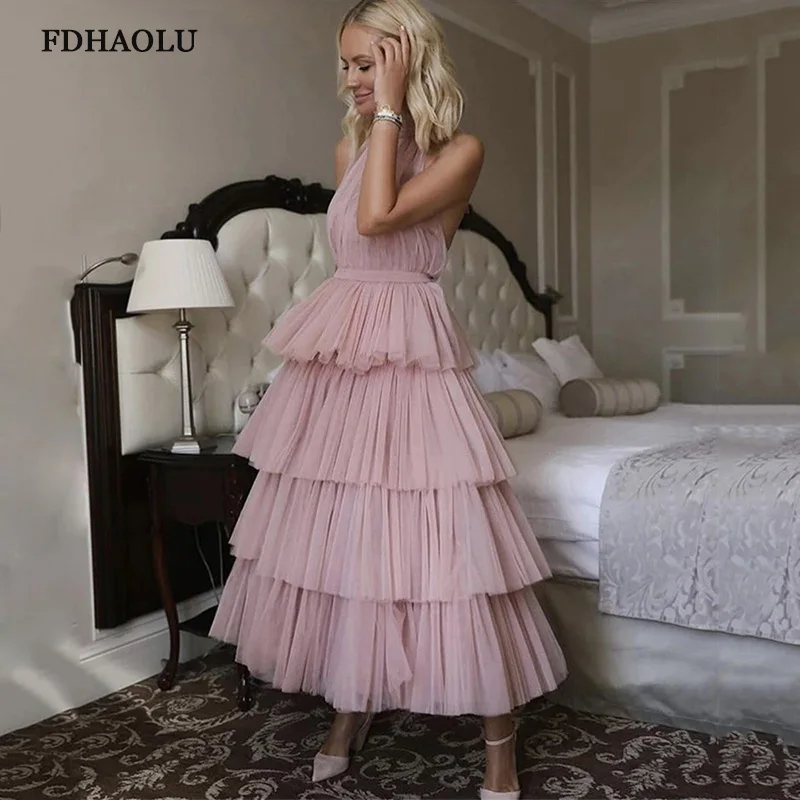 

FDHAOLU FU120 Pink Tulle Tiered Evening Dress Morandi Gown New Design evening dress 2021 Ankle Length Abendkleider