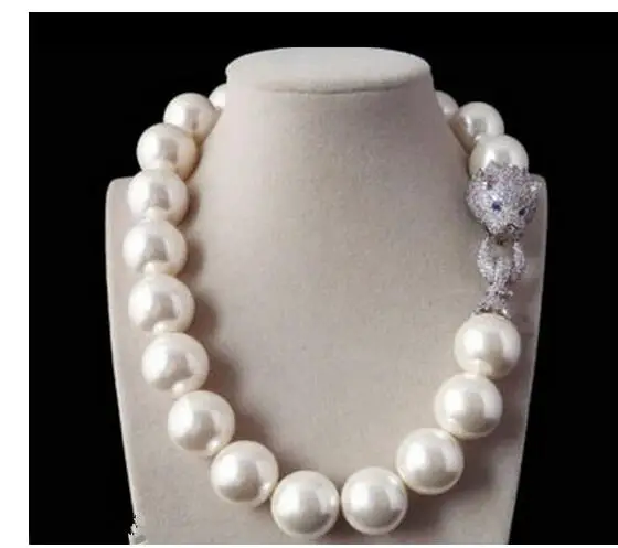 

large beads 14mm white shell pearl inlay zircon leopard head necklace CZ clasp Genuine -jewelry