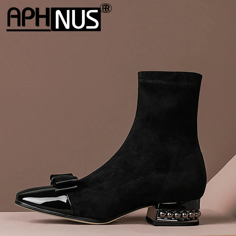 

APHNUS Womens Boots Bowtie Short Ankle Booties Mid High Heels Pumps Woman 2020 Shoes For Women New Boot