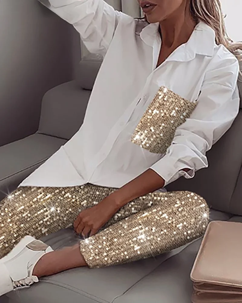 Sequin Long Sleeve Shirt & Glitter Shiny Pant Sets Women 2021 autumn new fashion suit