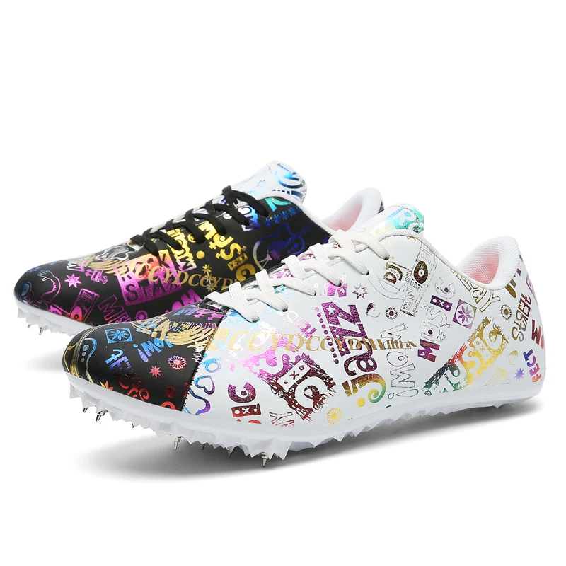 Men Women Athletic Spikes Shoes Graffiti Professional Training Trend Shoes Running Sneakers Track Field Racing Jumping Shoes