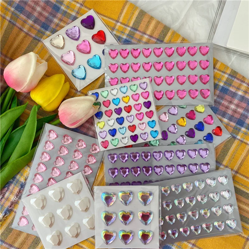 Lovely Heart Shaped Diamond Sticker Laser Colorful Crystal Girl Makeup Mobile Phone Diy Creative Decorative Sticker stationery