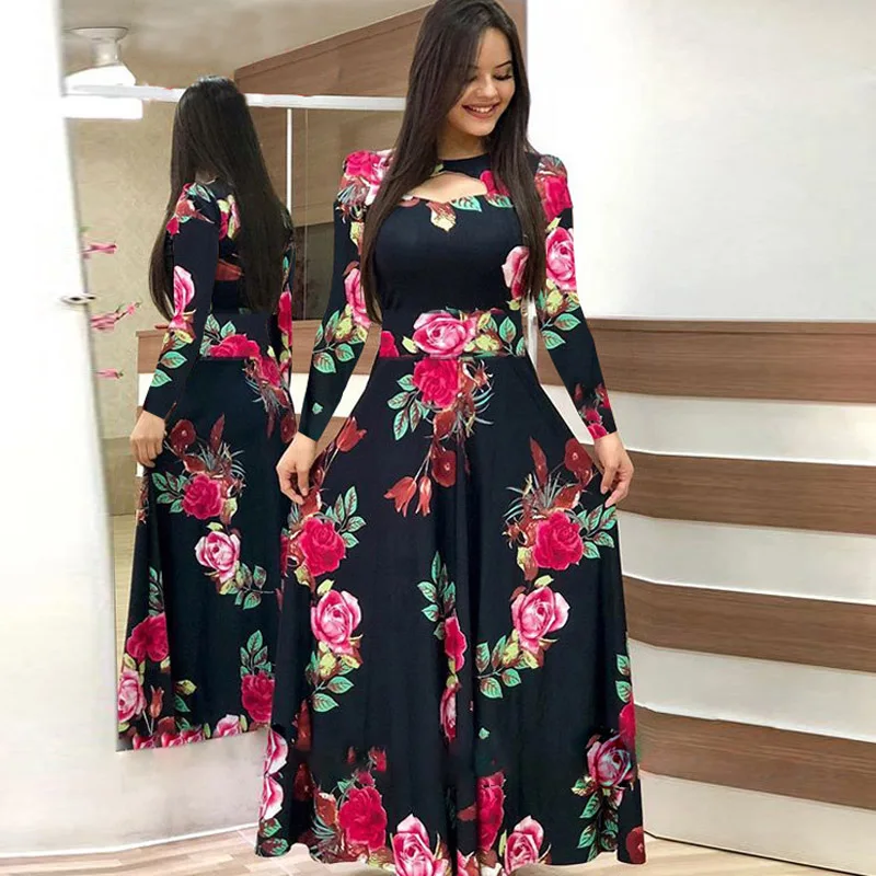 

Plus Size 5XL Elegant Spring Autumn Women Dress Casual Bohmia Flower Print Maxi Dresses Fashion Hollow Out Tunic Vestidos Dress